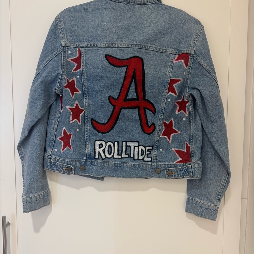 Denim Jacket with Alabama Script A Red Star and Lettering Design
